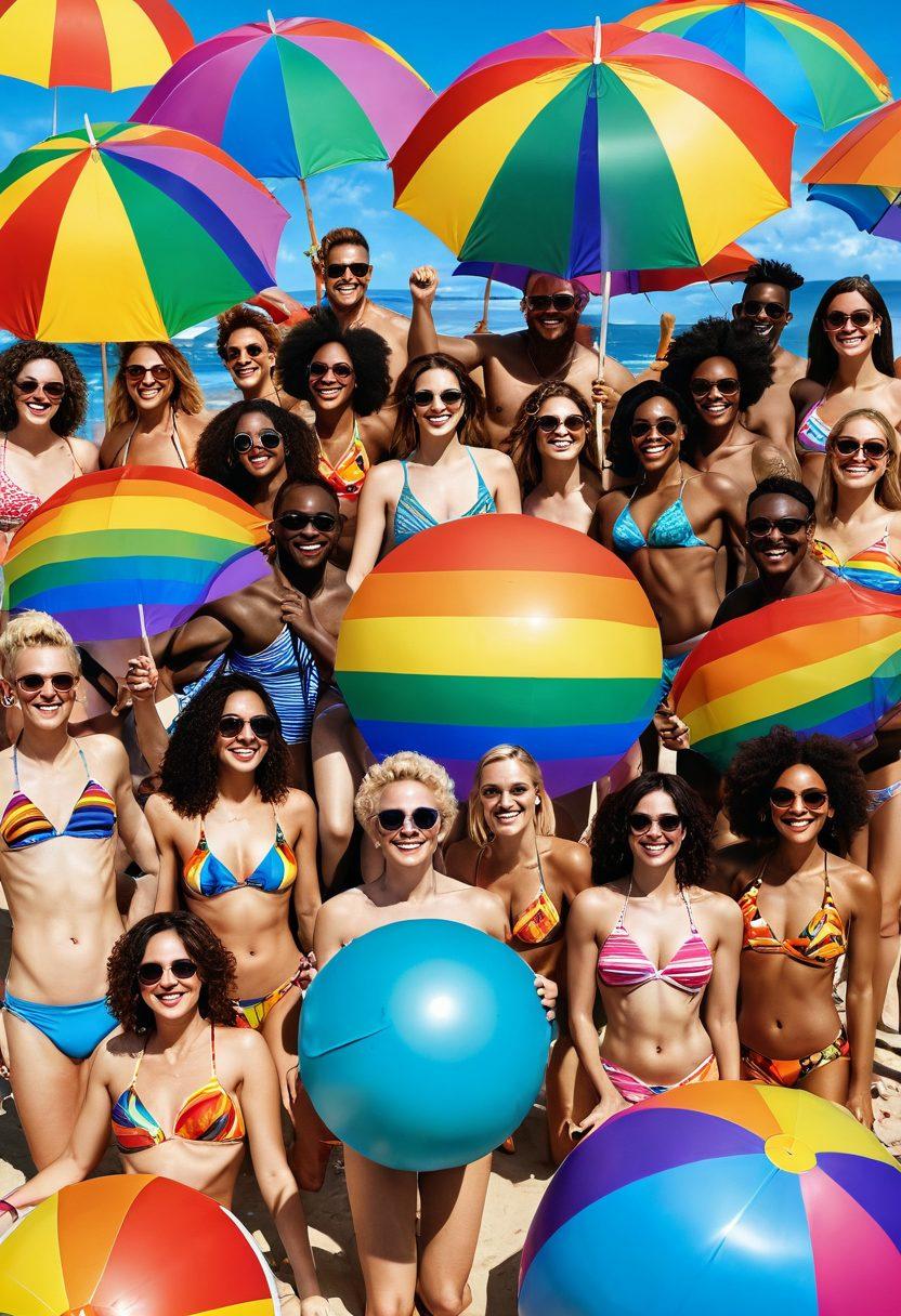 A lively beach scene showcasing diverse individuals of various genders and orientations joyfully celebrating Pride. They wear colorful, stylish swimwear adorned with rainbow patterns and symbols, under a bright, sunny sky. Surrounding them are tropical decorations, beach umbrellas, and a vibrant ocean backdrop, emphasizing summer vibes. In the foreground, a beach ball with the Pride flag design adds a playful touch. super-realistic. vibrant colors. summer theme.