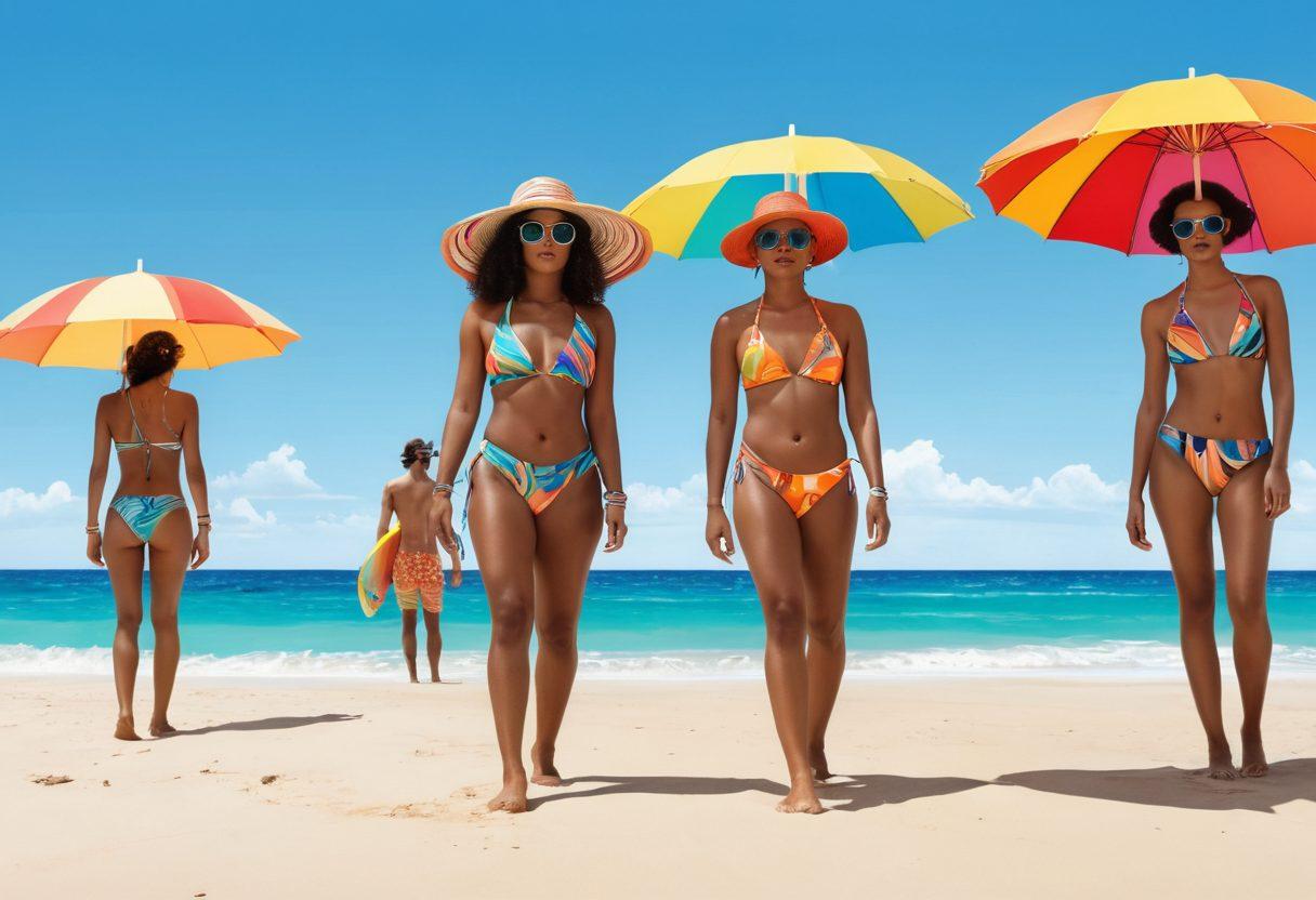 A vibrant beach scene showcasing diverse individuals in eclectic swimwear that celebrates queer fashion, blending bold colors, unique patterns, and styles for all genders. Include elements like rainbow beach umbrellas, colorful surfboards, and accessories like hats and sunglasses that emphasize self-expression. The background features a bright blue ocean and soft sandy beach, creating an inviting atmosphere. super-realistic. vibrant colors. white background.